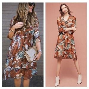 Hemant & Nandita for Anthropologie Zeri Floral Midi Dress Rust White Blue Size 6